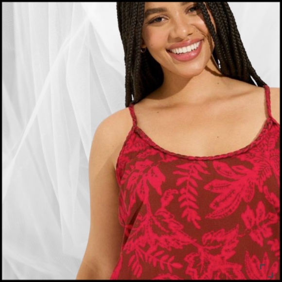 Torrid Camisole Challis Braided Sleeveless Tank Red Leaf Pattern Size 2X (18-20) - Picture 2 of 7